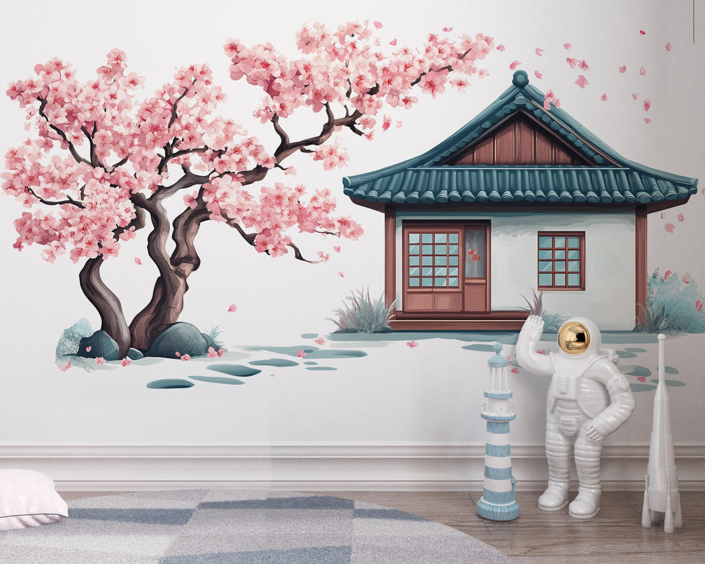 Cherry Blossom Wall Decal, Japanese House Sticker, Kids Room Wall Art, Pink Tree Mural, Nursery Decor, 119gm