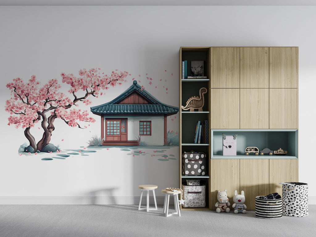 Cherry Blossom Wall Decal, Japanese House Sticker, Kids Room Wall Art, Pink Tree Mural, Nursery Decor, 119gm