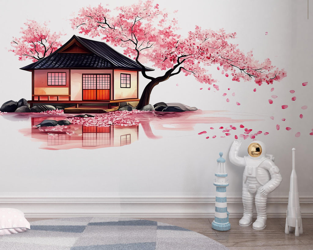 Cherry Blossom Wall Decal, Japanese House Sticker, Pink Tree Wall Art, Nursery Decor, Floral Wall Mural, 120gm