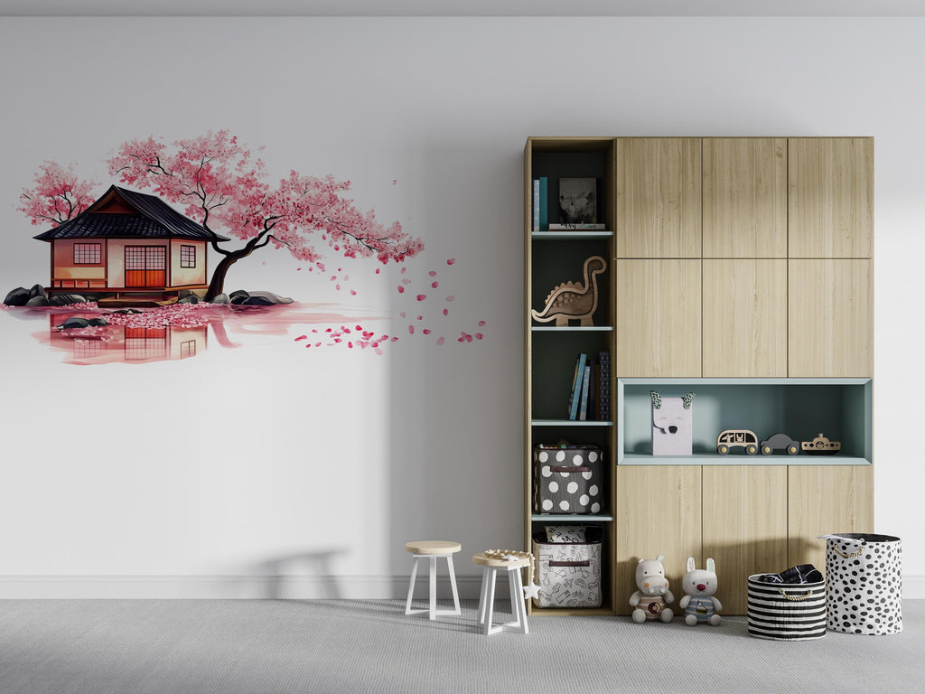 Cherry Blossom Wall Decal, Japanese House Sticker, Pink Tree Wall Art, Nursery Decor, Floral Wall Mural, 120gm