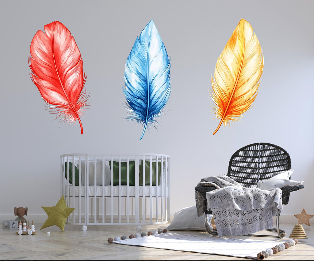 Feather Wall Decal Set, Colorful Feather Stickers, Nursery Wall Art, Boho Kids Room Decor, Modern Wall Mural, 122gm