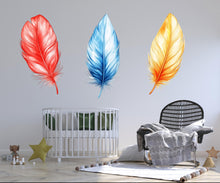Load image into Gallery viewer, Feather Wall Decal Set, Colorful Feather Stickers, Nursery Wall Art, Boho Kids Room Decor, Modern Wall Mural, 122gm