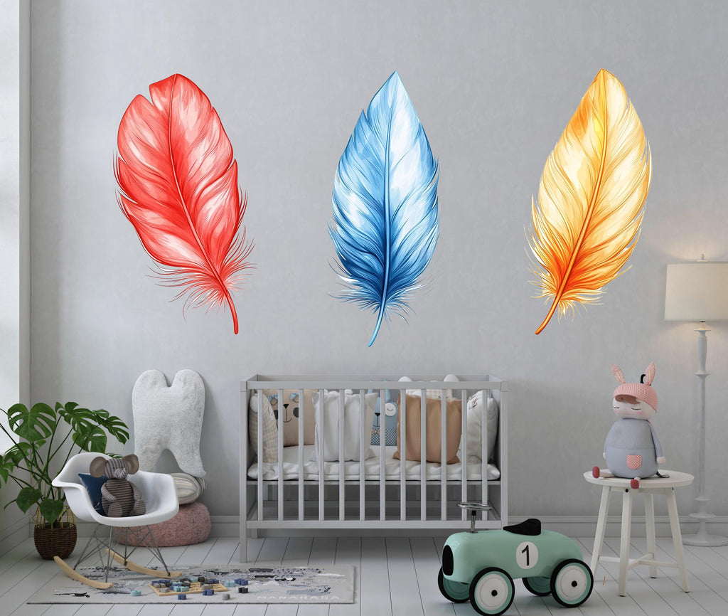 Feather Wall Decal Set, Colorful Feather Stickers, Nursery Wall Art, Boho Kids Room Decor, Modern Wall Mural, 122gm