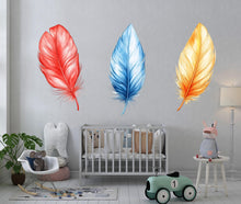 Load image into Gallery viewer, Feather Wall Decal Set, Colorful Feather Stickers, Nursery Wall Art, Boho Kids Room Decor, Modern Wall Mural, 122gm