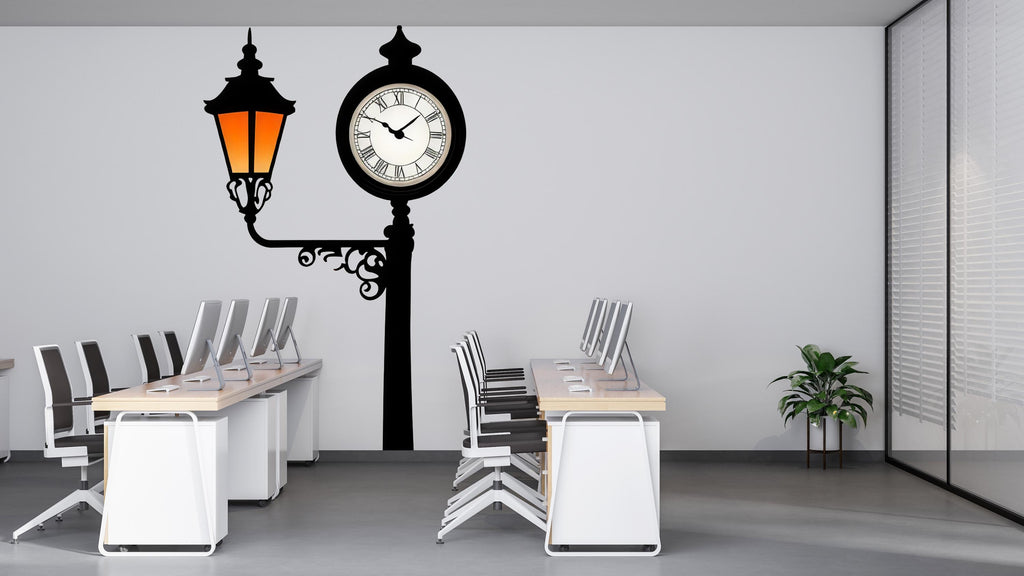 Vintage Clock Wall Decal, Street Lamp Sticker, Retro Wall Art, Living Room Decor, Classic Wall Mural, 123gm
