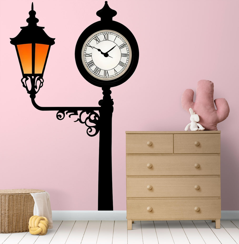 Vintage Clock Wall Decal, Street Lamp Sticker, Retro Wall Art, Living Room Decor, Classic Wall Mural, 123gm