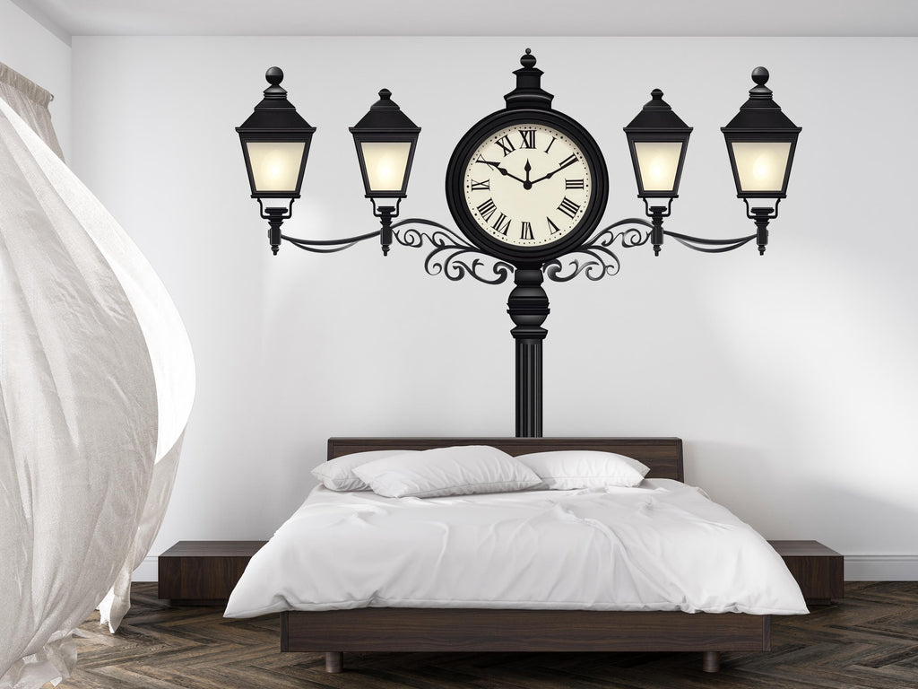 Vintage Clock Wall Decal, Street Lamp Wall Sticker, Retro Wall Art, Bedroom Decor, Classic Clock Mural, 124gm