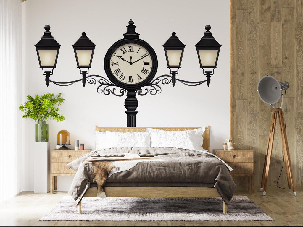 Vintage Clock Wall Decal, Street Lamp Wall Sticker, Retro Wall Art, Bedroom Decor, Classic Clock Mural, 124gm