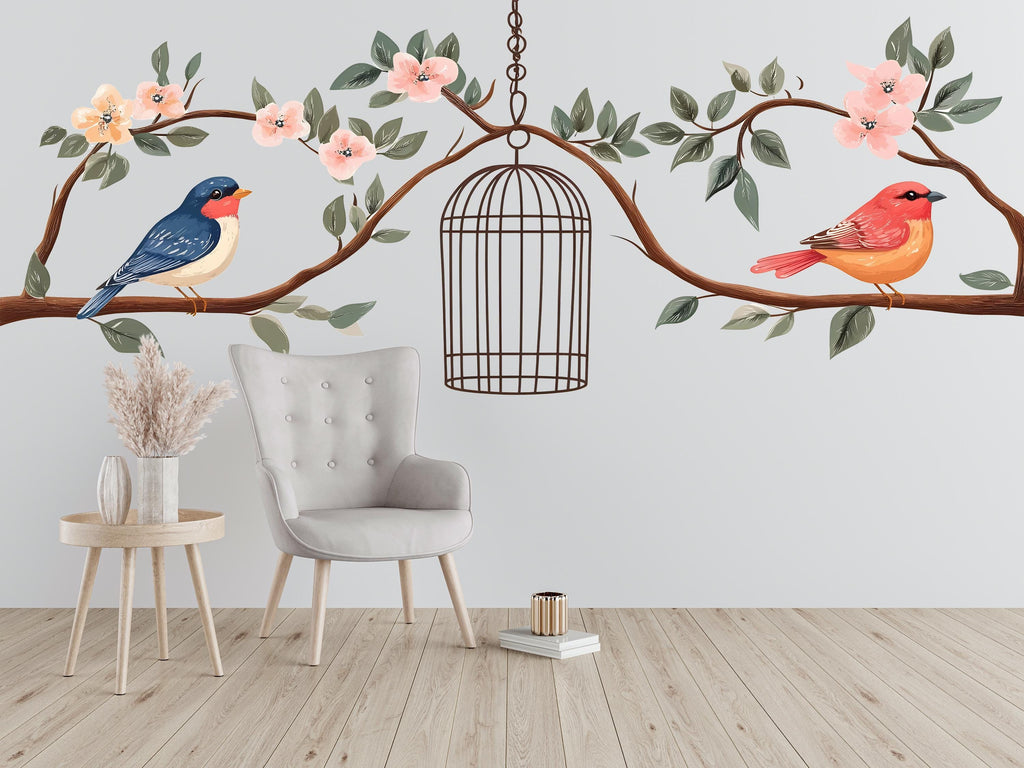 Bird Wall Decal, Floral Branch Sticker, Birdcage Wall Art, Nursery Decor, Nature Wall Mural, 125gm