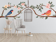 Load image into Gallery viewer, Bird Wall Decal, Floral Branch Sticker, Birdcage Wall Art, Nursery Decor, Nature Wall Mural, 125gm
