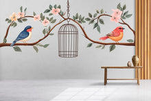 Load image into Gallery viewer, Bird Wall Decal, Floral Branch Sticker, Birdcage Wall Art, Nursery Decor, Nature Wall Mural, 125gm