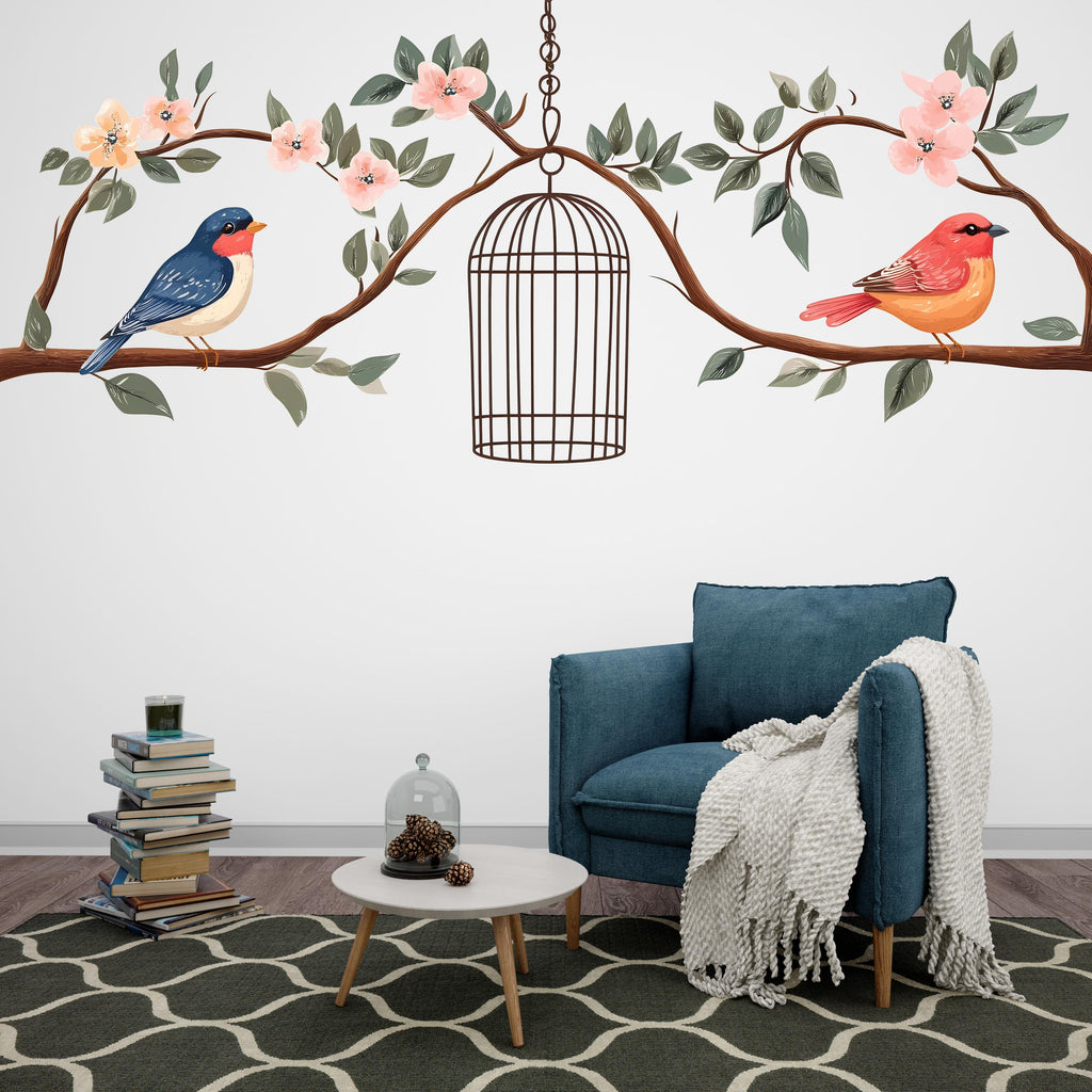 Bird Wall Decal, Floral Branch Sticker, Birdcage Wall Art, Nursery Decor, Nature Wall Mural, 125gm