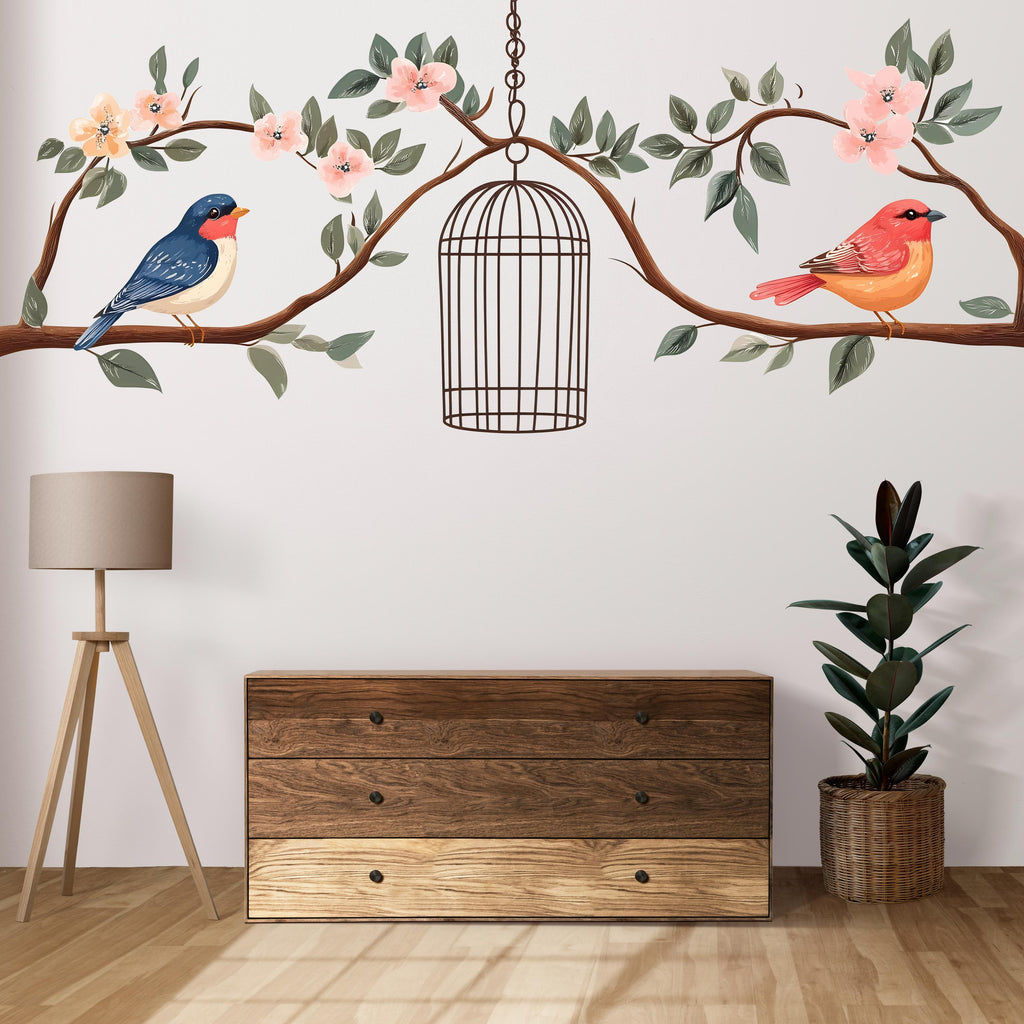 Bird Wall Decal, Floral Branch Sticker, Birdcage Wall Art, Nursery Decor, Nature Wall Mural, 125gm