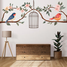 Load image into Gallery viewer, Bird Wall Decal, Floral Branch Sticker, Birdcage Wall Art, Nursery Decor, Nature Wall Mural, 125gm