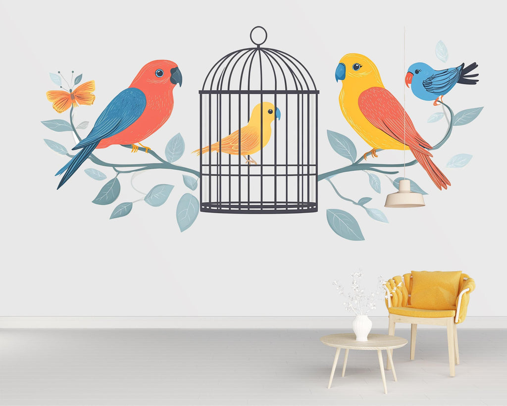 Bird Wall Decal, Colorful Bird Sticker, Birdcage Wall Art, Nursery Wall Decor, Kids Room Mural, 126gm