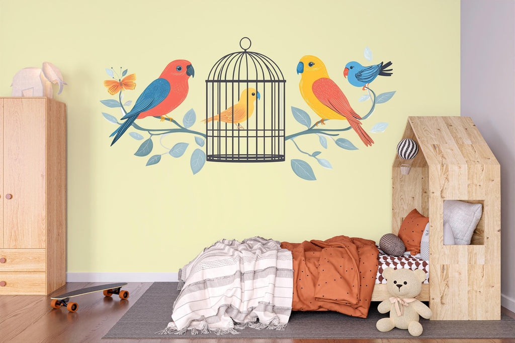Bird Wall Decal, Colorful Bird Sticker, Birdcage Wall Art, Nursery Wall Decor, Kids Room Mural, 126gm