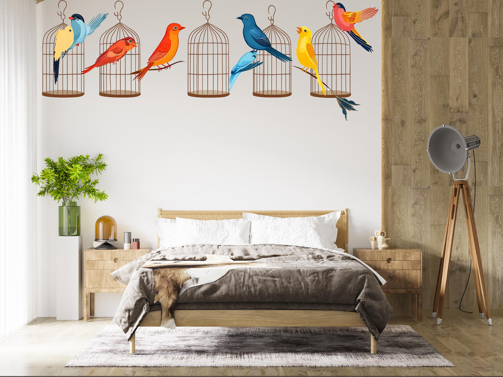Bird Wall Decal Set, Colorful Bird Stickers, Birdcage Wall Art, Nursery Decor, Kids Room Wall Mural, 127gm