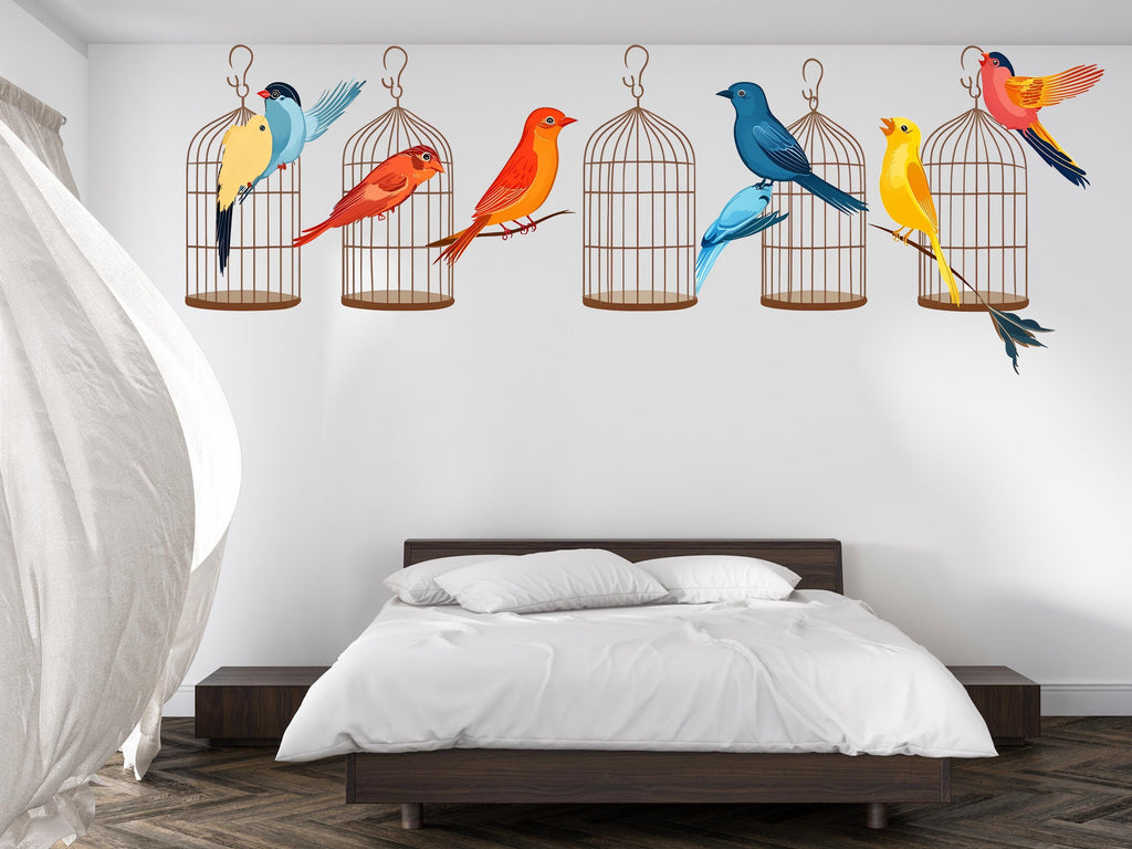 Bird Wall Decal Set, Colorful Bird Stickers, Birdcage Wall Art, Nursery Decor, Kids Room Wall Mural, 127gm