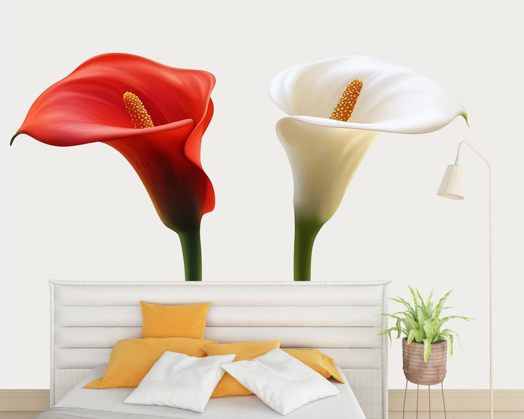 Calla Lily Wall Decal, Red White Flower Sticker, Floral Wall Art, Bedroom Decor, Modern Botanical Mural, 128gm