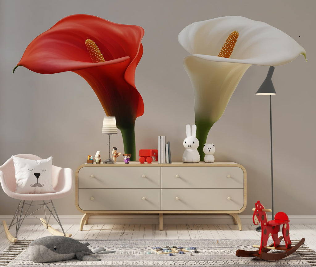 Calla Lily Wall Decal, Red White Flower Sticker, Floral Wall Art, Bedroom Decor, Modern Botanical Mural, 128gm