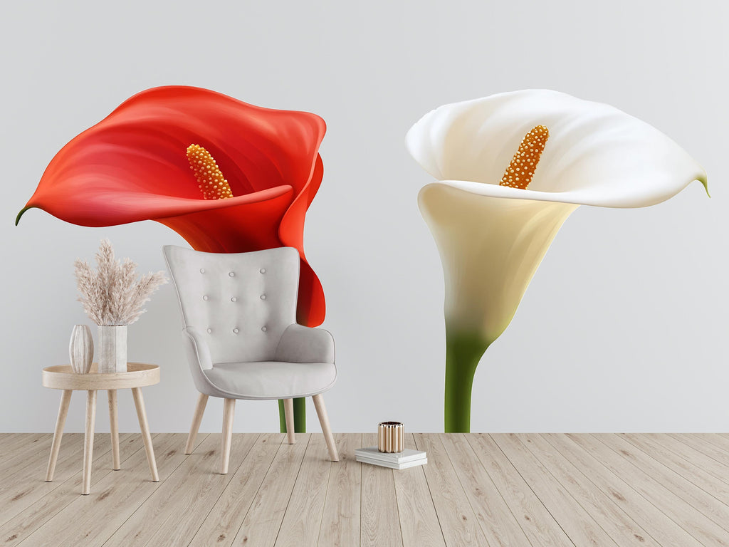 Calla Lily Wall Decal, Red White Flower Sticker, Floral Wall Art, Bedroom Decor, Modern Botanical Mural, 128gm