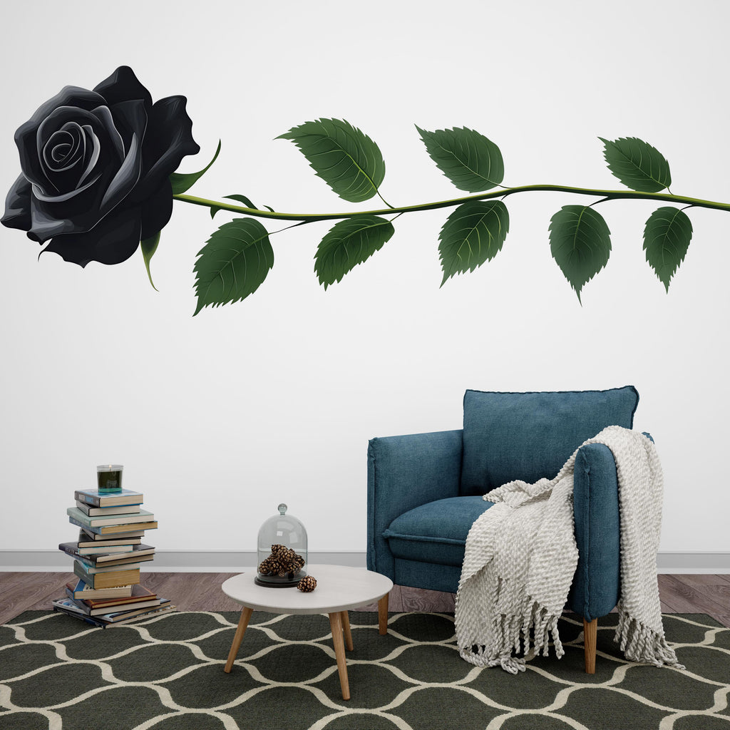 Black Rose Wall Decal, Gothic Flower Sticker, Floral Wall Art, Dark Botanical Decor, Modern Rose Mural, 130gm