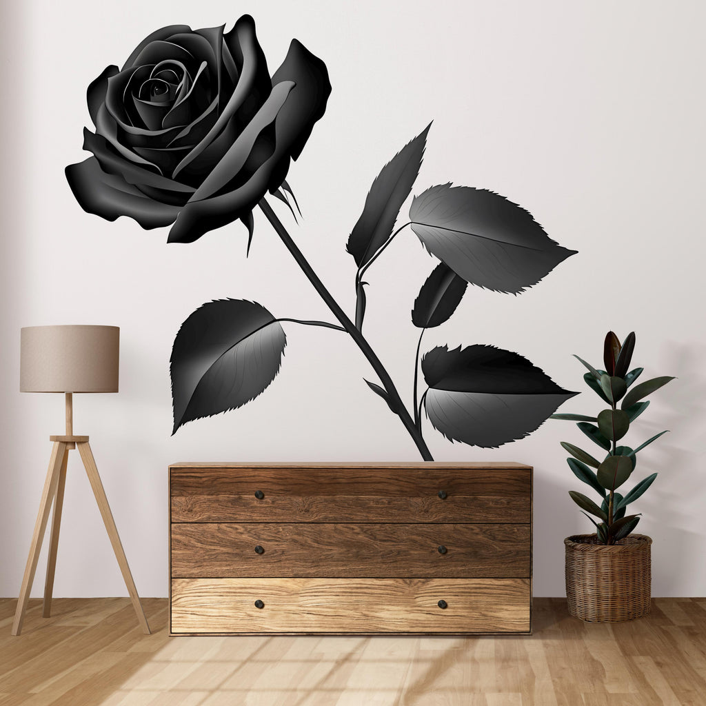 Black Rose Wall Decal, Gothic Rose Sticker, Dark Floral Wall Art, Bedroom Decor, Modern Botanical Mural, 131gm