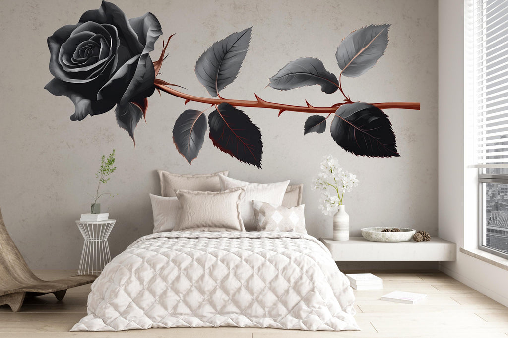 Black Rose Wall Decal, Gothic Floral Sticker, Dark Botanical Wall Art, Office Decor, Modern Rose Mural, 132gm