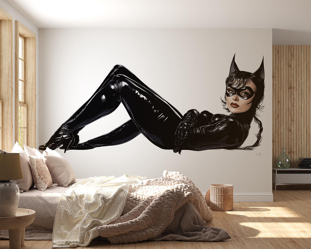 Cat Woman Wall Decal, Superhero Wall Sticker, Glam Bedroom Decor, Comic Style Wall Art, Modern Woman Mural, 137gm