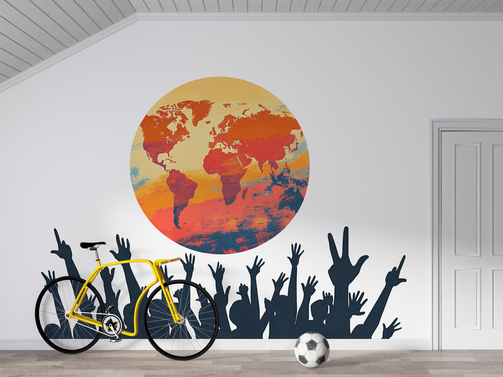 World Map Wall Decal with Raised Hands, Global Unity Wall Mural, Classroom Office Decor, Diversity Art Sticker, 143gm