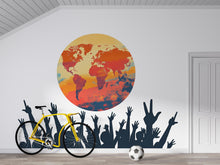 Load image into Gallery viewer, World Map Wall Decal with Raised Hands, Global Unity Wall Mural, Classroom Office Decor, Diversity Art Sticker, 143gm