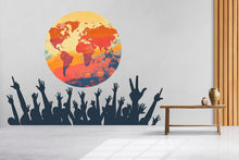 Load image into Gallery viewer, World Map Wall Decal with Raised Hands, Global Unity Wall Mural, Classroom Office Decor, Diversity Art Sticker, 143gm