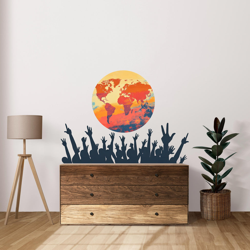 World Map Wall Decal with Raised Hands, Global Unity Wall Mural, Classroom Office Decor, Diversity Art Sticker, 143gm