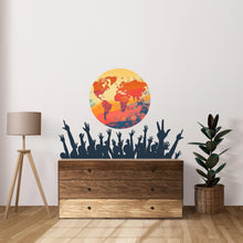 Load image into Gallery viewer, World Map Wall Decal with Raised Hands, Global Unity Wall Mural, Classroom Office Decor, Diversity Art Sticker, 143gm