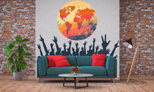 Load image into Gallery viewer, World Map Wall Decal with Raised Hands, Global Unity Wall Mural, Classroom Office Decor, Diversity Art Sticker, 143gm