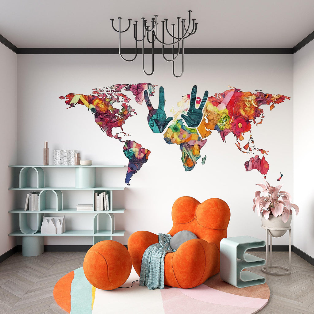 Colorful World Map Wall Decal, Peace Sign Map Sticker, Kids Room Wall Decor, Nursery World Map Mural, Classroom Wall Art, 144gm