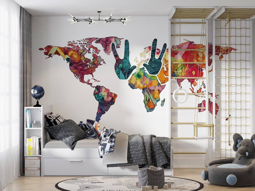 Colorful World Map Wall Decal, Peace Sign Map Sticker, Kids Room Wall Decor, Nursery World Map Mural, Classroom Wall Art, 144gm
