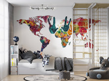 Load image into Gallery viewer, Colorful World Map Wall Decal, Peace Sign Map Sticker, Kids Room Wall Decor, Nursery World Map Mural, Classroom Wall Art, 144gm