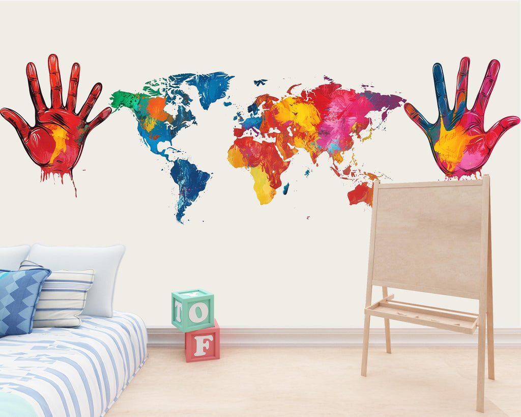 Colorful World Map Wall Decal, Hand Print Wall Sticker, Kids Room Map Mural, Playroom Wall Decor, Nursery World Map Art, 145gm