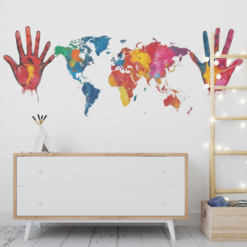 Colorful World Map Wall Decal, Hand Print Wall Sticker, Kids Room Map Mural, Playroom Wall Decor, Nursery World Map Art, 145gm