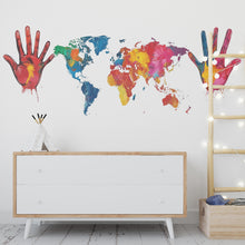 Load image into Gallery viewer, Colorful World Map Wall Decal, Hand Print Wall Sticker, Kids Room Map Mural, Playroom Wall Decor, Nursery World Map Art, 145gm