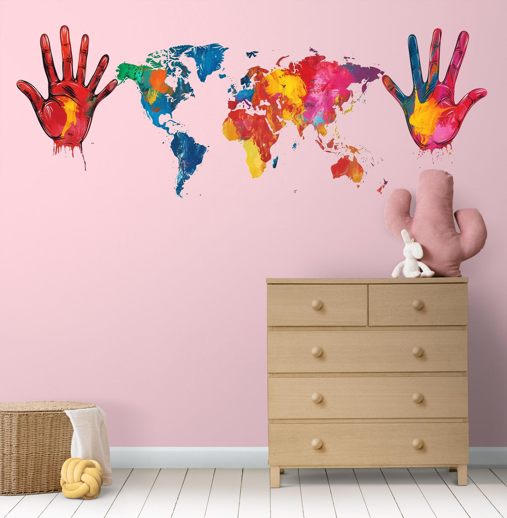Colorful World Map Wall Decal, Hand Print Wall Sticker, Kids Room Map Mural, Playroom Wall Decor, Nursery World Map Art, 145gm