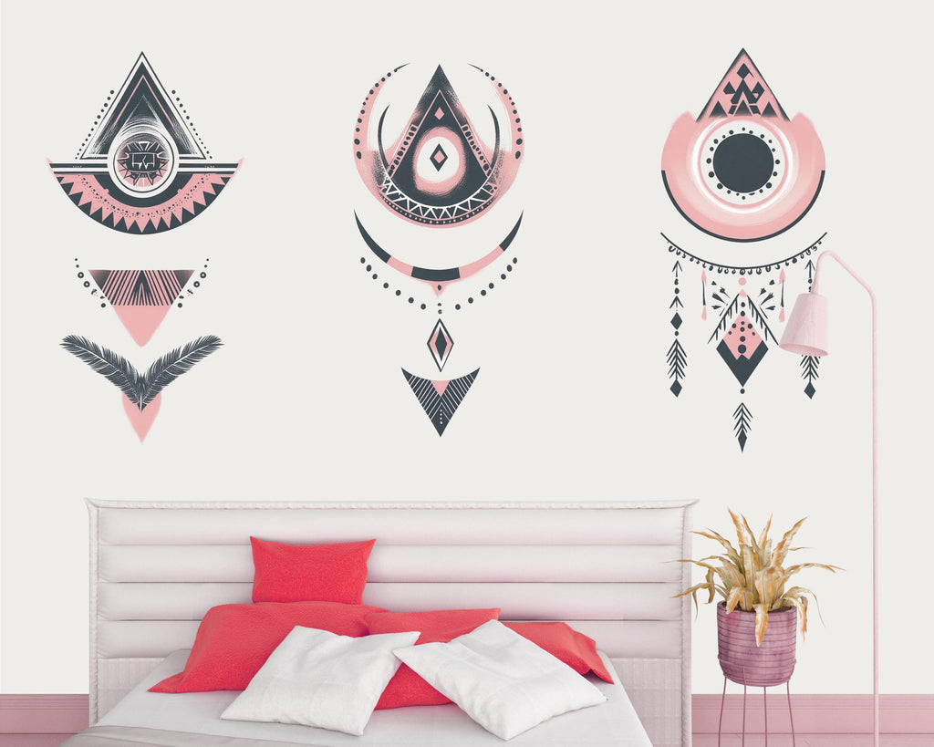 Boho Wall Decal Set, Pink Geometric Wall Art, Tribal Bedroom Wall Stickers, Bohemian Peel and Stick Decor, 148gm