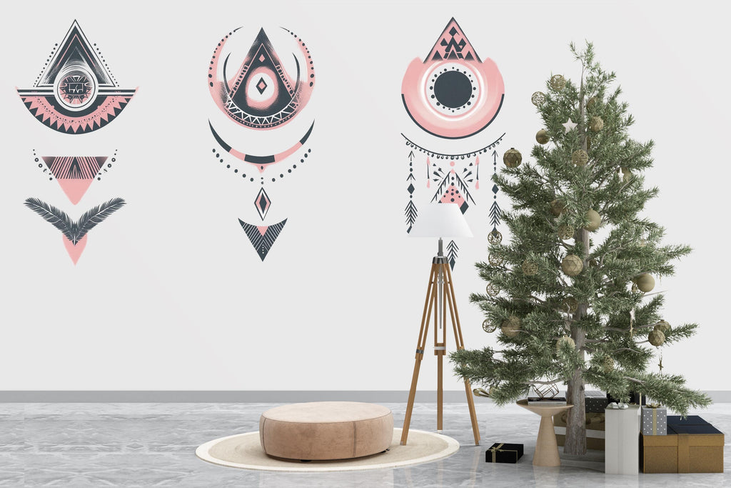 Boho Wall Decal Set, Pink Geometric Wall Art, Tribal Bedroom Wall Stickers, Bohemian Peel and Stick Decor, 148gm