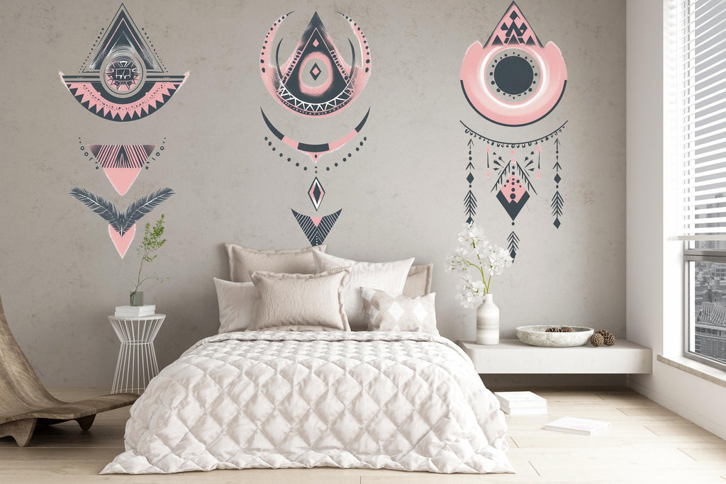 Boho Wall Decal Set, Pink Geometric Wall Art, Tribal Bedroom Wall Stickers, Bohemian Peel and Stick Decor, 148gm