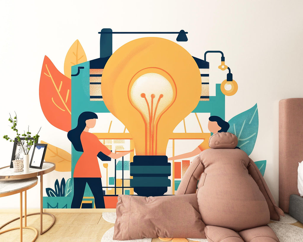 Light Bulb Wall Decal, STEM Classroom Wall Art, Kids Room Wall Sticker, Innovation Wall Decor, Playroom Peel and Stick Mural, 149gm