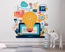 Load image into Gallery viewer, Light Bulb Wall Decal, Tech Nursery Wall Art, STEM Kids Room Decor, Innovation Wall Sticker, Playroom Peel and Stick Mural, 150gm