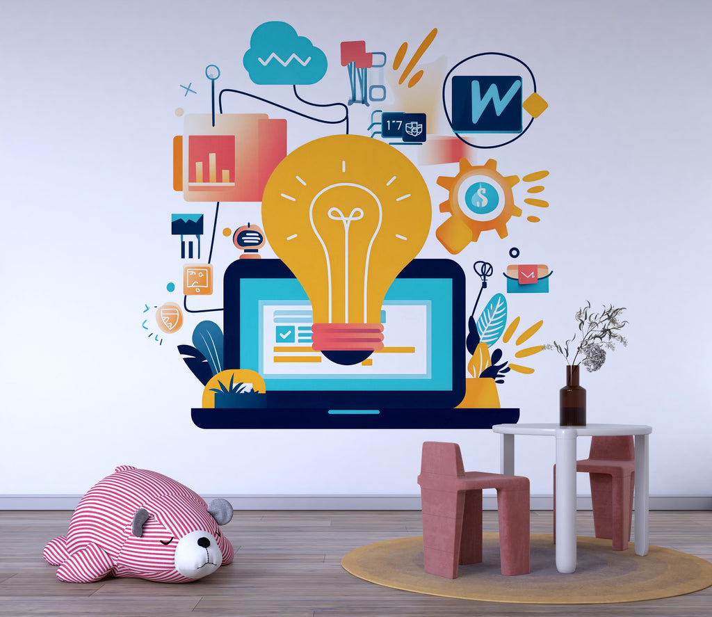 Light Bulb Wall Decal, Tech Nursery Wall Art, STEM Kids Room Decor, Innovation Wall Sticker, Playroom Peel and Stick Mural, 150gm