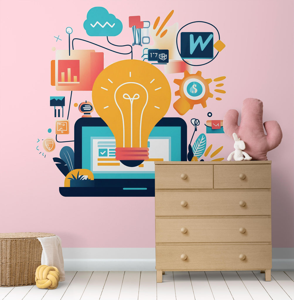Light Bulb Wall Decal, Tech Nursery Wall Art, STEM Kids Room Decor, Innovation Wall Sticker, Playroom Peel and Stick Mural, 150gm