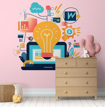 Load image into Gallery viewer, Light Bulb Wall Decal, Tech Nursery Wall Art, STEM Kids Room Decor, Innovation Wall Sticker, Playroom Peel and Stick Mural, 150gm